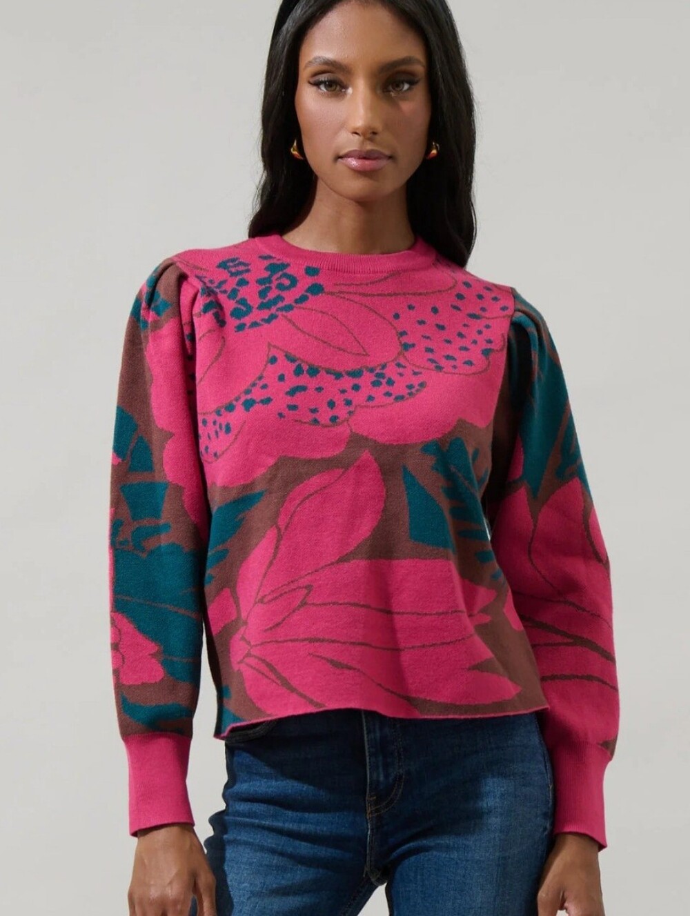 Sugarlips Zinnia Floral Gathered Shoulder Sweater Size Large